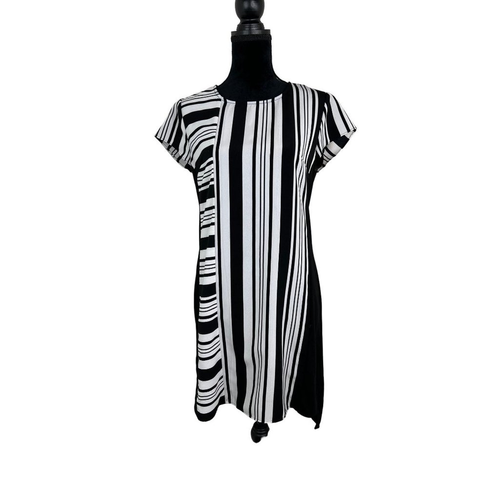 Laundry Black and Off White Striped Dress. Short Sleeved, Knee Length